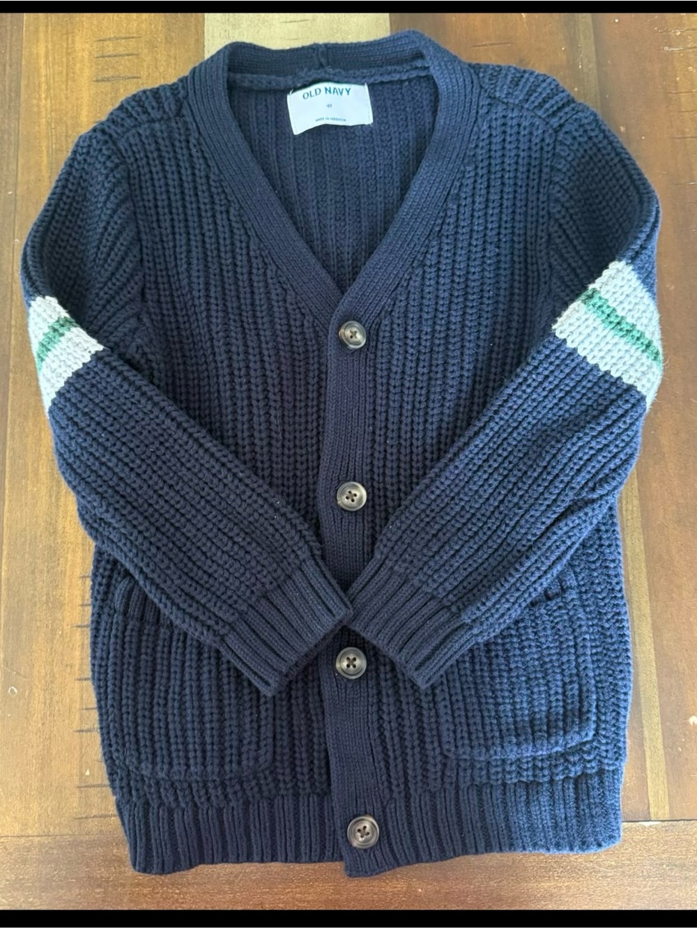 Old Navy Navy Cardigan with White and Green Sleeve Stripes